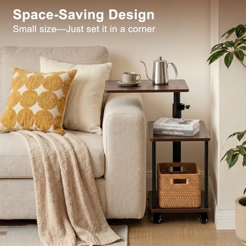 Modern Farmhouse Rolling Side Table with Wheel for Living Room, Adjustable Height Swivel End Table for Different Seating Types, Ideal for Couch, Sofa, Recliner and Living Room, Walnut-Look - Image 5
