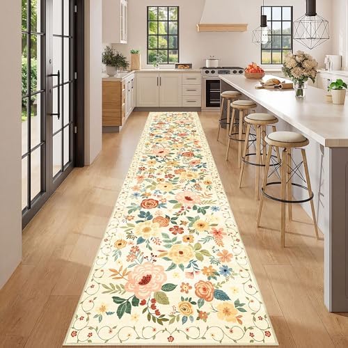 DUKINO 2.6x12 Kitchen Runner Rug, Floral Non Slip Washable Rug Beige Yellow - Image 3