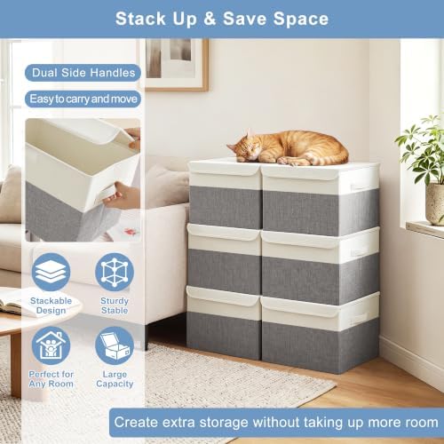 Bagnizer Large 22 Quart Linen Fabric Foldable Storage Bin Cube Organizer Basket with Flip-Top Lid & Handles, Clothes Blanket Box for Home, Office, Closet, Gray & White, 4 Pack 14.6 x 9.5 x 9.5” - Image 5