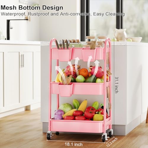 3 Tier Rolling Storage Cart Metal with Wheels, Pink Three Tiered Craft Cart - Image 5