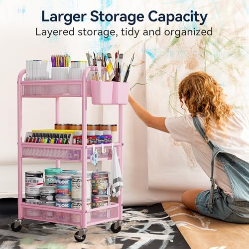 YASONIC 3 Tier Metal Rolling Cart, Pink Utility Storage Cart with Wheels - Image 5