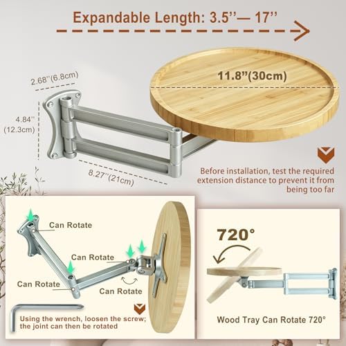 Wall Mounted Folding Table,Retractable Small Bamboo Drop Down Floating Wall Desk,11.8" Round Wood Tabletop with Aluminum Alloy Brackets,Bedside Wall Shelf Drop Top Desk,Fold Down Nightstand - Image 2