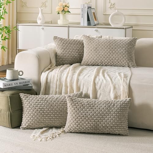 Set of 4 Taupe Decorative Throw Pillow Covers 12x20 Inch Corduroy Pillow Covers for Bed Couch Sofa Living Room Soft Cushion Cases by Cozoomy