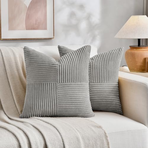 Fancy Homi 2 Packs Grey Samll Decorative Throw Pillow Covers 14x14 Inch with for Couch Bed Sofa, Rustic Farmhouse Boho Home Decor, Soft Corss Patchwork Corduroy Square Cushion Case 35x35 cm - Image 5