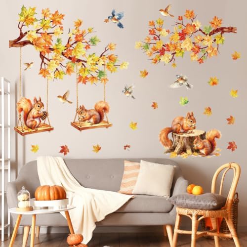 Fall Maple Leaf Wall Decal Autumn Maple Tree Wall Sticker Peel and Stick Squirrel Bird Home Decor Fall Thanksgiving Harvest Wall Stickers for Bedroom Nursery - Image 5