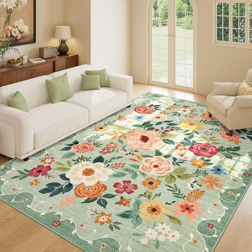 DUKINO 9x12 Area Rug for Living Room, Floral Washable Rug Non Slip, Green - Image 3