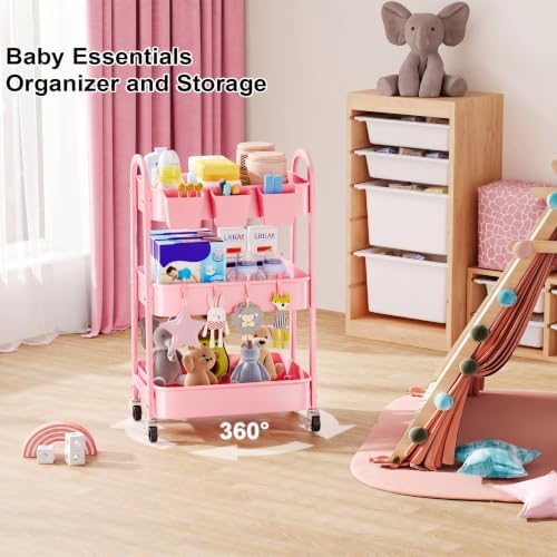 3 Tier Rolling Storage Cart Metal with Wheels, Pink Three Tiered Craft Cart - Image 4