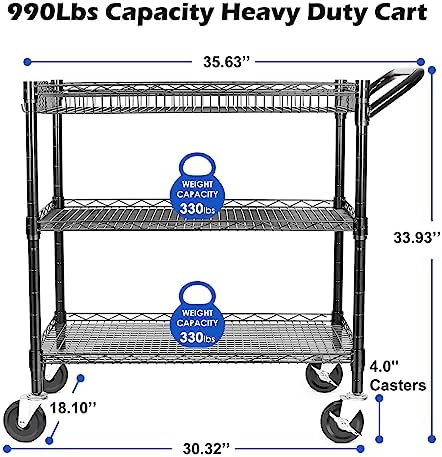 WDT 990Lbs Capacity Heavy Duty Rolling Utility Cart, NSF Rolling Carts with Wheels,Commercial Grade Metal Cart with Handle Bar & Shelf Liner,Trolley Serving Cart for Restaurant,Kitchen,Black - Image 4