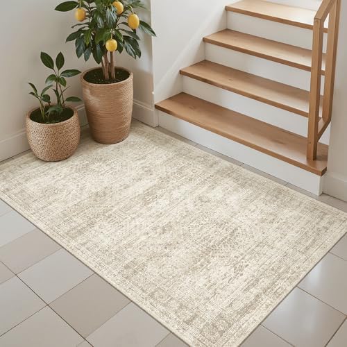 Soalmost 3x4 Rugs Non-Slip, Small Washable Kitchen Entryway Area Rug Beige - Image 2