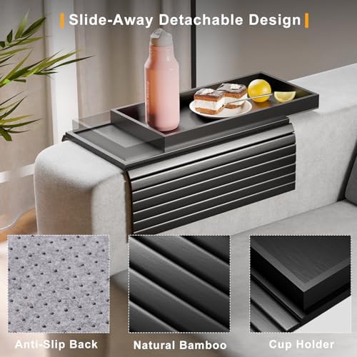 Bestjing 2 in 1 Bamboo Sofa Armrest Tray Table for Couch (Black) - Image 2