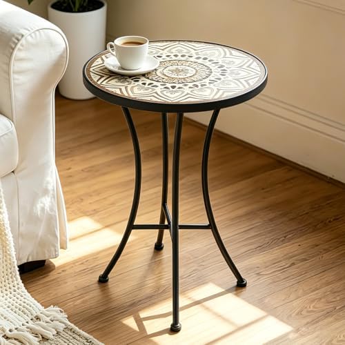 MUMTOP 14" Mosaic Outdoor Side Table, Small Round Patio Accent Table,Beige - Image 4