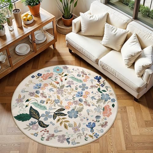 Washable Floral Round Rugs for Bedroom - 4x4 Feet Circle Area Rugs for Living Room Nursery Non-Slip Stain Resistant Ultra Soft Carpet for Teen Girls and Boys Dorms Home Decor Aesthetic(4ft,Cream) by HYHAOYUNLAI
