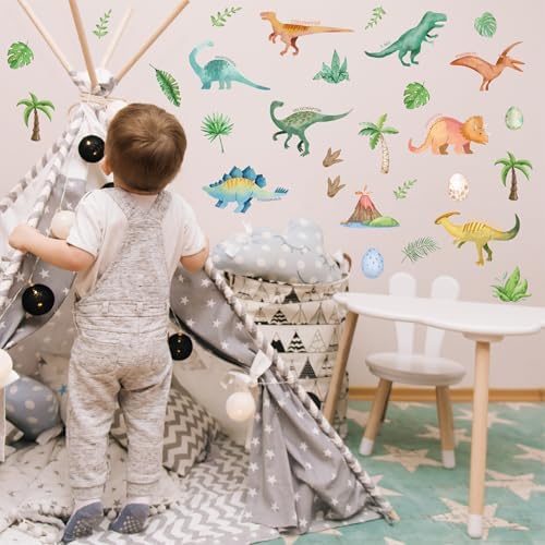 AOWDIAO Watercolor Dinosaur Wall Decals - 28 Pcs Peel and Stick Dino Decor for Boys’ Bedroom, Nursery & Classroom - Image 6