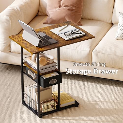 Rolling C-Shaped Side Table with Wheels and Oversized Wood Top, Mobile Overbed Stand with Drawer for Bed or Sofa, Metal Frame Couch Companion for Living Room, Bedroom, or Home Office (Large Desktop) - Image 6