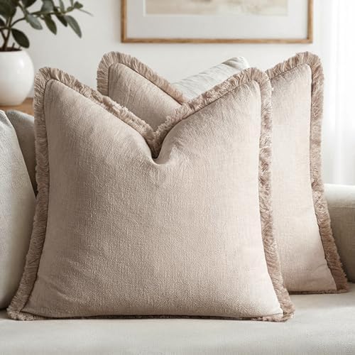 MIULEE Boho Natural Linen Fringe Decorative Euro Throw Pillow Covers 26x26 by MIULEE