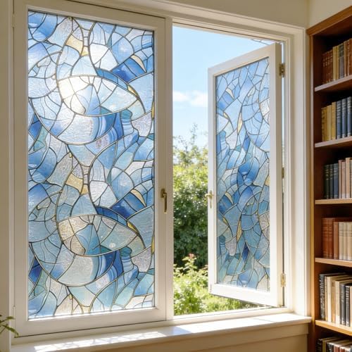 Stickyart Blue Stained Glass Window Film Decorative Privacy Window Film Static Cling Windows Decals Rainbow Anti-Glare Privacy Stickers Removable Sun Blocking for RV Windows Bathroom 17.5"x78.7" by Stickyart