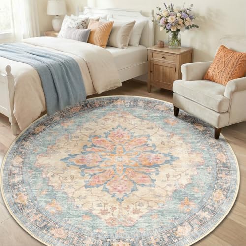RELEANY Washable Area Rug, Round 6ft, Blue/Orange/Red - Image 3