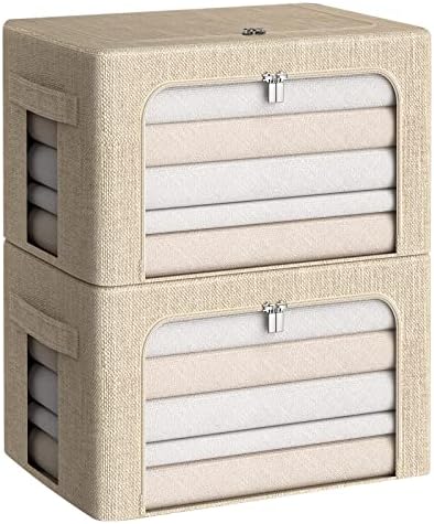CYhom Clothes Storage Bins Box - Linen Fabric Foldable Stackable Container Organizer Set with Clear Window & Carry Handles & Metal Frame for Bedding, Blankets, Books (Beige, Medium-36L) by CYhom