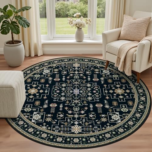 Round Area Rug for Living Room: 4ft Washable Rug for Bedroom Black - Image 2