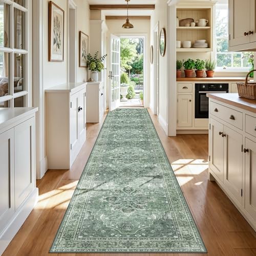 RELEANY Washable Area Rug, Runner 3'x20', Green/Dark Green/Gray by RELEANY