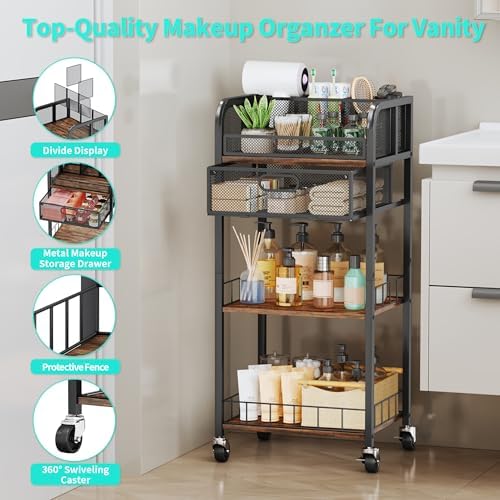 HapiRm Makeup Organizer Storage Cart - 4 Tier Skincare Make Up Storage with Drawer, Rolling Makeup Cart Vanity Organizer Cosmetics Display Cases Holder for Skin Care Perfume Nail Polish Brush - Image 6