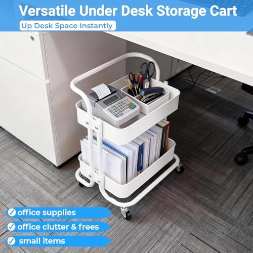 2 Tier Cart with Wheels Under Desk Storage with Handle, Metal Rolling Pantry Cart for Kitchen White Small Rolling Basket for Laundry Room Bathroom, Utility Shelf Organizer for Small Space - Image 5