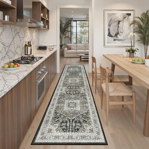 Madane Hallway Runner Rug 2x8 Washable Kitchen Rugs, Grey Green/Black Olive by Madane