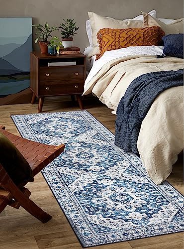 Moynesa Blue Vintage Floral Medallion Runner Rug, 2'6" x 8', Machine Washable, Non-Slip, Pet Friendly, High-Traffic Areas - Image 5