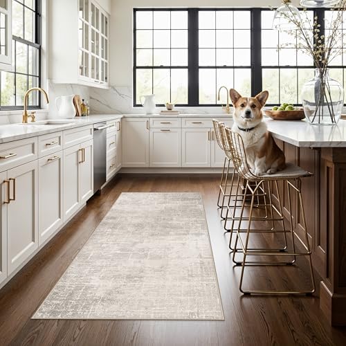 Washable 3x5 Kitchen Area Rug: Non-Slip Abstract Water-Resistant Entryway Doormat Soft Sink Fridge Bedroom Carpet Low Pile Stain-Resistant Bathroom Laundry Neutral Faded Floor Mat(3X5,Beige/Cream) by HYHAOYUNLAI