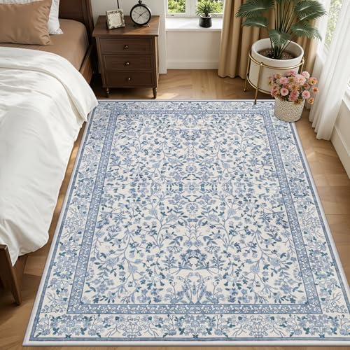 6x9 Area Rug Living Room: Soft Floral Washable Boho Carpet Blue - Image 3
