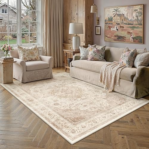 4x6 Beige Washable Area Rug Non Slip Vintage Carpet by WondRg