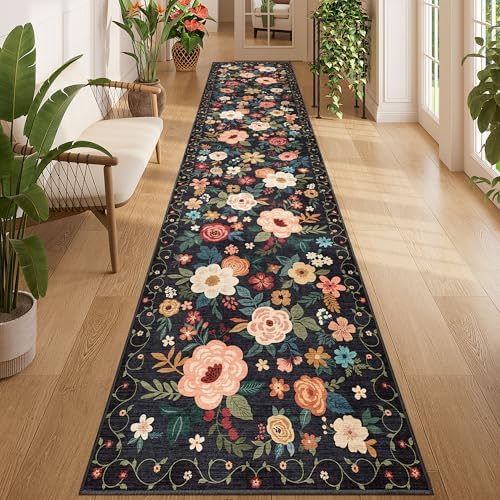 DUKINO 2.6x12 Kitchen Runner Rug, Floral Non Slip Long Washable Rug, Black by DUKINO