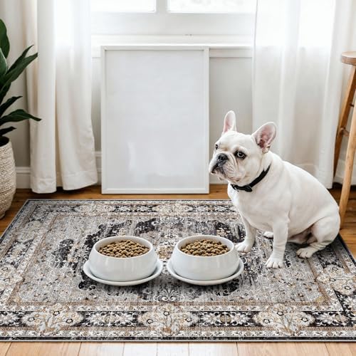 3x4 Washable Entryway Area Rug - Non-Slip Vintage Throw Rugs Black Gray by Puino