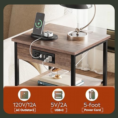 WLIVE Side Table with Charging Station and USB Ports, Small End Tables for Small Spaces, 3-Tier Nightstand with Adjustable Shelf, Bedside Tables, Living Room, Bedroom, Brown - Image 6