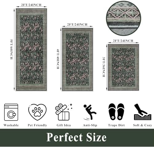 Kitchen Rugs 3 Piece Set, Washable Non-Slip Farmhouse Kitchen Mats for Hardwood Floor, Rustic Floral Boho Runner Rug for Sink,Entryway & Hallway & Bathroom (Dark/Green/Floral,2x3-2x4-2x5) - Image 2