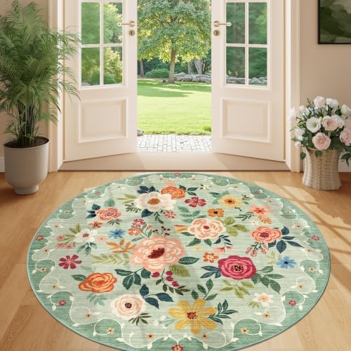 DUKINO 5ft Round Rug, Non Slip Floral Washable Small Circle Rug, Green - Image 4
