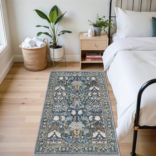 4x6 Living Room Area Rugs: Washable Boho Bedside Rugs Non Slip Low Pile Floral Small Carpet for Kitchen Bedroom Non-Shedding Floor Mat for Kids Room Office Dining Room(4x6 Floral/Blue) - Image 2