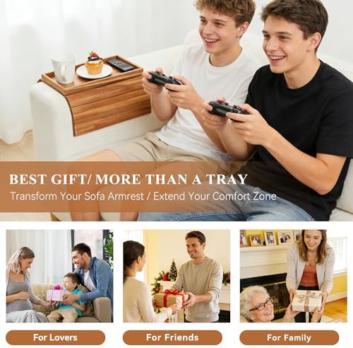 GEHE Acacia Wood Sofa Arm Tray, Foldable Couch Arm Tray Side Table, Anti-Falling Armrest Tables Cup Holder for Snacks, Drinks, Beers, Phone, Control, Flexible and Portable, Anti-Slip - Image 6