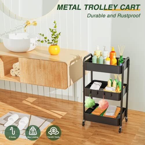 LEHOM 3 Tier Rolling Cart, Metal Rolling Utility Cart with Lockable Wheels - Image 2