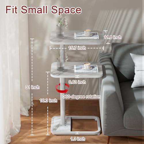 GOYLSER C Shaped Tv Trays Living Room End Table End Stand, White Marble Minimalist Wooden C Table for Sofa, Height Adjustable Tv Tray Tables Side Table for Dinner Eating - Image 2