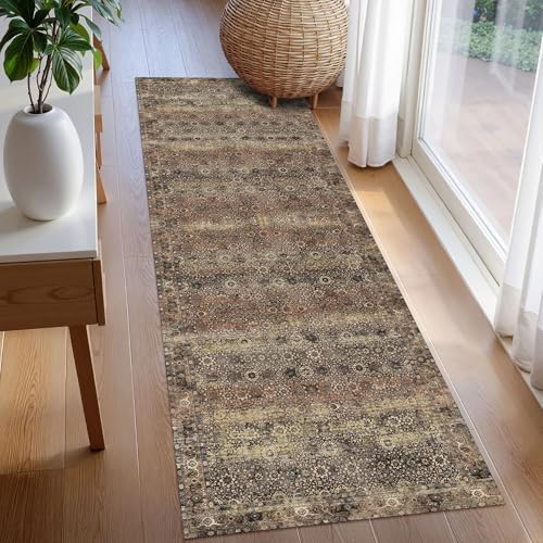 Washable Area Rug 2'6'' x 8' Vintage Traditional Persian Mat - Foldable Distressed Non-Slip Machine Washable Carpet for Living Room Bedroom Kitchen Home Decor - Umber and Slate - Image 3