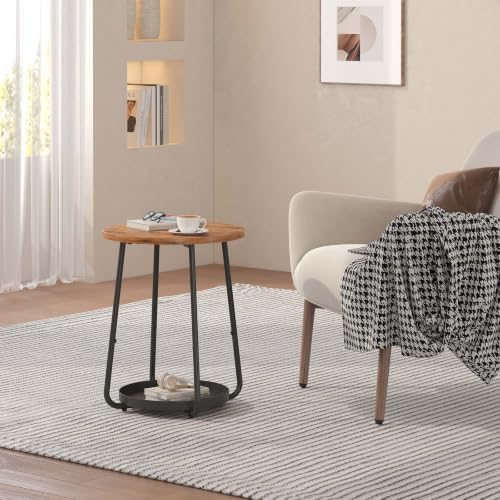 sthmec Small Round Side End Table with Storage, 2 Tier Round Bedside Sofa Couch Coffee Tables with Tray, Metal Nightstand for Small Spaces, Living Room Bedroom, Rustic Brown - Image 2