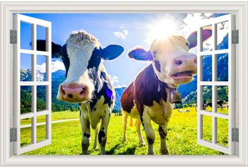 Fake Window Wall Decal - Funny Peeking Farm Cow Grassland Scene Art Sticker | ｜Faux Window Natural Scenery Landscape Mural ｜ Stick and Peel Wall Decals｜Room Bedroom Office Decor｜48"x32",Set of 2 Sheets by Clickhere