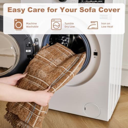 Couch Cover for Dogs Washable Sofa Cover, Sectional Couch Covers, Sofa Covers for 2 Cushion Couch, Non Slip Stripe Sofa Slipcovers Furniture Protector (Brown Checkered 91x102) - Image 7
