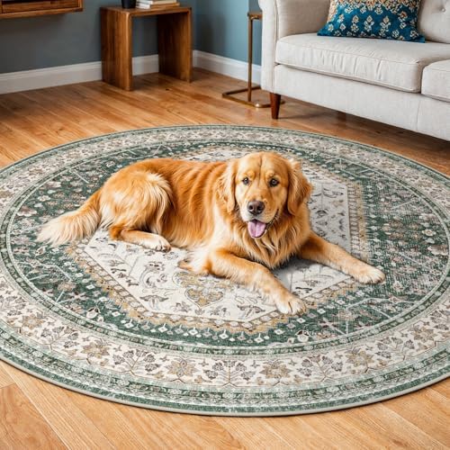 Puino 6Ft Round Rug Washable: Non-Slip Boho Living Room Circle Area Rugs by Puino