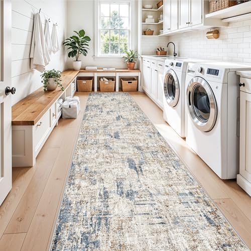 3x15 Ft Long Hallway Runner Rug - Non-Slip Washable Kitchen Runner Rug with Rubber Backing | Modern Abstract Wide Floor Carpet Runner for Indoor Entryway, Bedroom, Living Room（Blue Brown） - Image 4