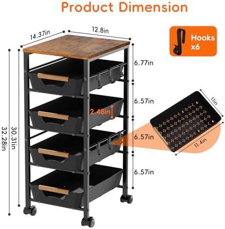5-Tier Kitchen Storage Cart, Wood Top Rolling Cart Organizer with Pull-Out Baskets & Wheels, Metal Snack Cart with Holder for Fruit, Vegetable, Microwave, Kitchen, Pantry, Black - Image 5