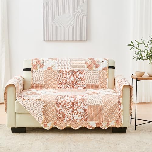 Great Bay Home Reversible Patchwork Loveseat Cover - Washable Slipcover Furniture Protector with Elastic Straps - Perfect for Kids & Pets - Box-Stitched Detail (Dusty Rose) by GreatBayHome
