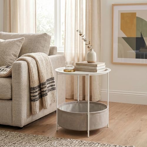 VECELO Round Side/End Table with Fabric Storage Basket，Metal Anti-Rust and Waterproof Small Bedside Nightstand with Removable Tray Top for Living Room，Balcony & Laundry，Beige/1pcs with Basket - Image 2