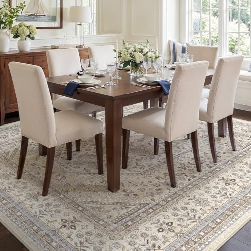 9x9 Square Washable Area Rug - Non-Slip Vintage Living Room Rugs Beige Gray - Image 3